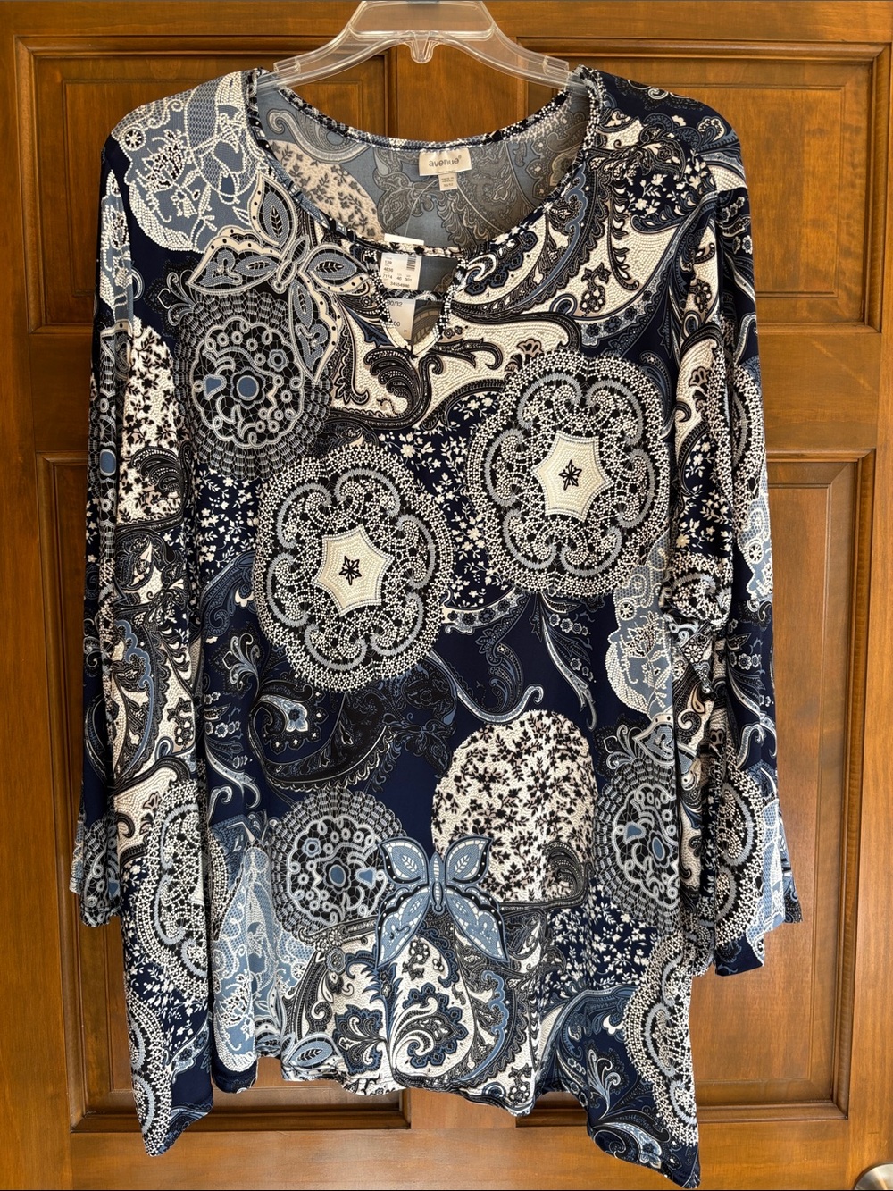 Women's Navy and White Paisley Long Sleeve Top